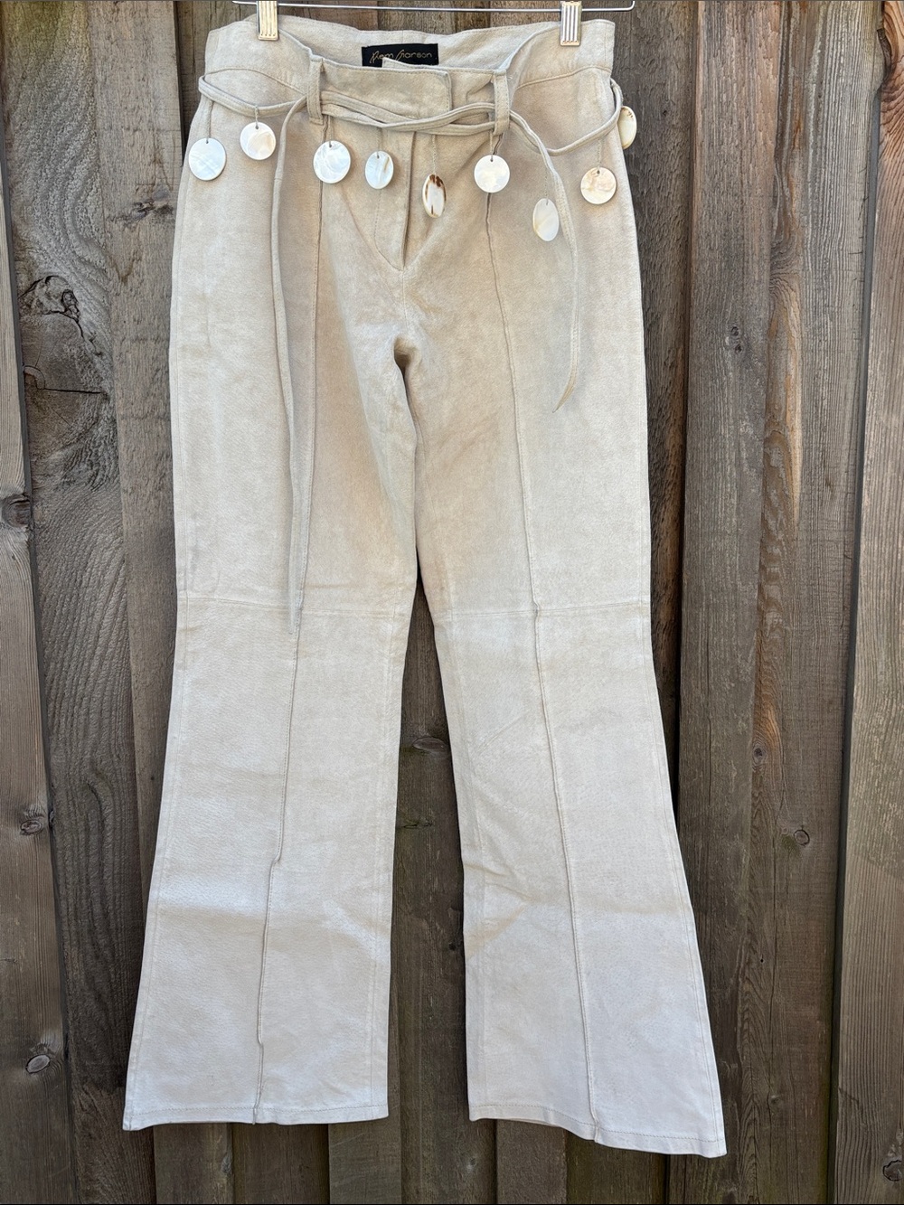 Suede Flare Bootcut Pants Shell Tie Belt Bone Taupe Festival Boho Rem Garson 6